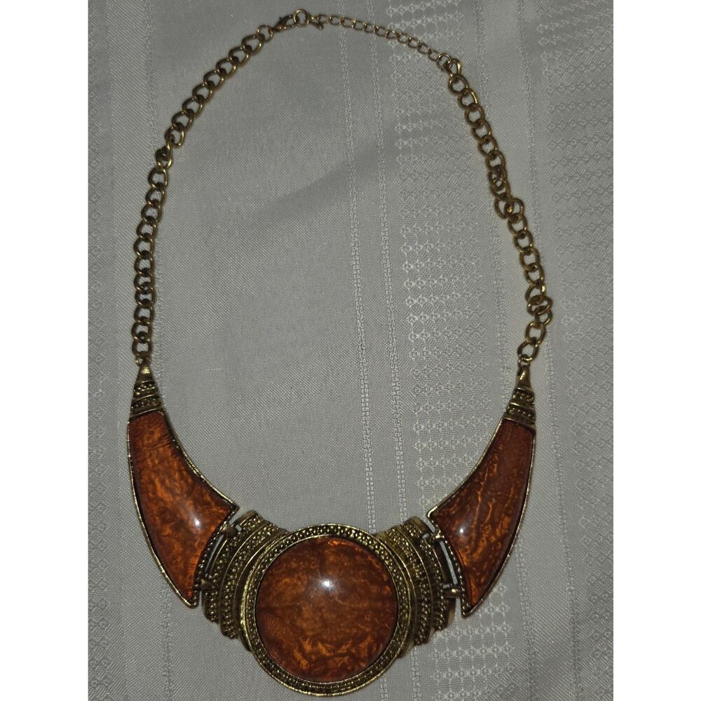 Cleopatra Statement Necklace Egyptian Revival Orange Gems Gold-Tone 18" Costume - Picture 4 of 10